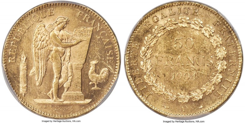 Republic gold 50 Francs 1904-A MS63 PCGS, Paris mint, KM831, Fr-549, Gad-1113. C...