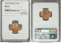 Republic gold "Bazor" 100 Francs 1936 MS65 NGC, Paris mint, KM880. Highly coveted as a type and rarely encountered in a gem classification, the presen...