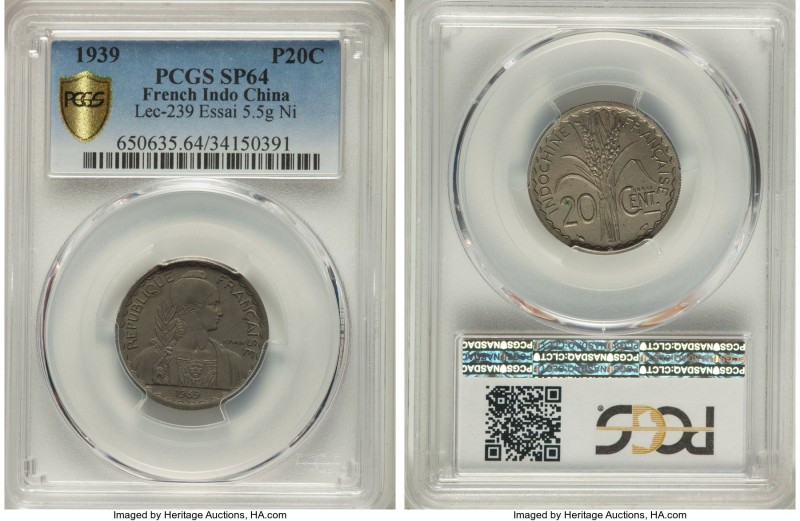 French Colony nickel Specimen Essai 20 Cents 1939 SP64 PCGS, Paris mint, KM-E33,...