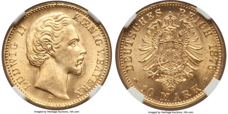 Bavaria. Ludwig II gold 10 Mark 1876-D MS65 NGC, Munich mint, KM898. The finest ...