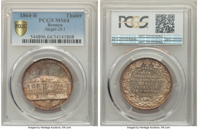 Bremen. Free City Taler 1864-B MS64 PCGS, Hannover mint, KM-XM1, J-26I. Struck f...