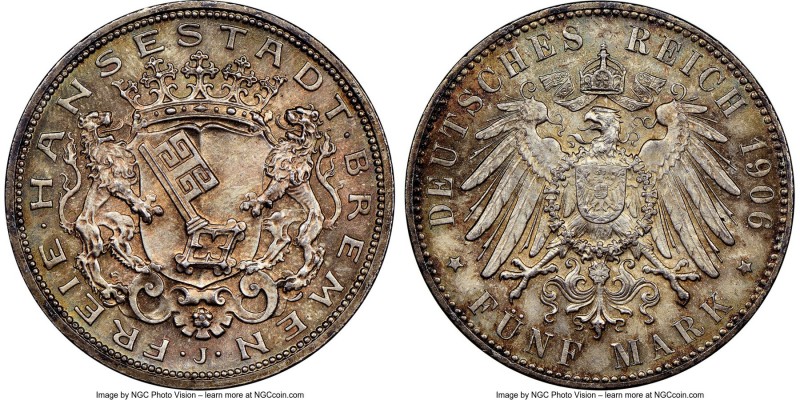 Bremen. Free City 5 Mark 1906-J MS66 NGC, Hamburg mint, KM251, J-60. An imposing...