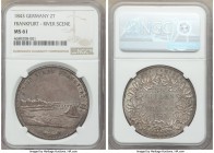 Frankfurt. Free City 2 Taler 1843 MS61 NGC, KM326, Dav-640. City view with river scene. Taupe-gray and argent surfaces with partially subdued reflecti...