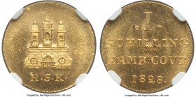 Hamburg. Free City gold Off-Metal Strike Shilling 1828-HSK MS64 NGC, cf. KM251.1 (original type in silver), J-42. A scarce off-metal striking exhibiti...