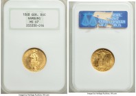 Hamburg. Free City gold Ducat 1868-B MS67 NGC, KM589. This gem is seemingly mark free with just a few copper spots.

HID09801242017