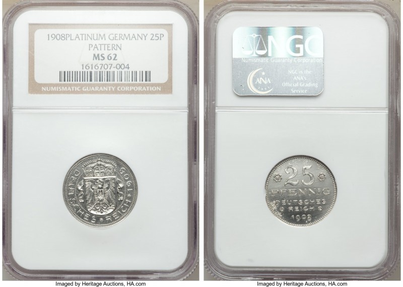 Wilhelm II platinum Pattern 25 Pfennig 1908 MS62 NGC, KM-X1c. Karl Goetz issue. ...