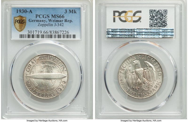 Weimar Republic "Zeppelin" 3 Mark 1930-A MS66 PCGS, Berlin mint, KM67, J-342.

H...