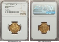 James I gold 1/4 Laurel ND (1624) AU53 NGC, Tower mint, Trefoil mm, Third coinage, Fourth bust, S-2642A, N-2119. 2.27gm. (trefoil) IACOBVS D: G: MAG: ...