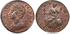 George II 1/2 Penny 1749 MS63 Brown PCGS, KM579.2, S-3719. Blazing red in all the right places to emphasize George's strong portrait and the sleekness...
