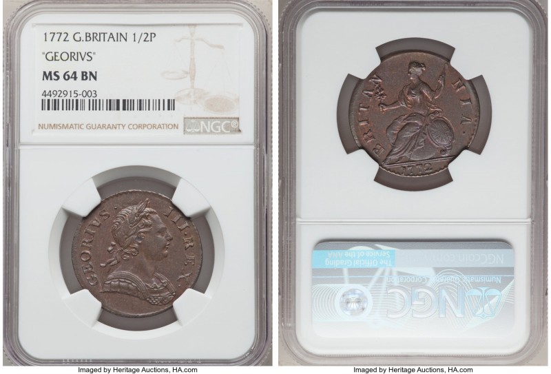 George III 1/2 Penny 1772 MS64 Brown NGC, London mint, S-3774, Peck-900. "GEORIV...