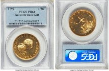 George III gilt-copper Proof Pattern 1/2 Penny 1799-SOHO PR64 PCGS, Soho mint, Peck-1233. A superb representative residing very much on the fringes of...