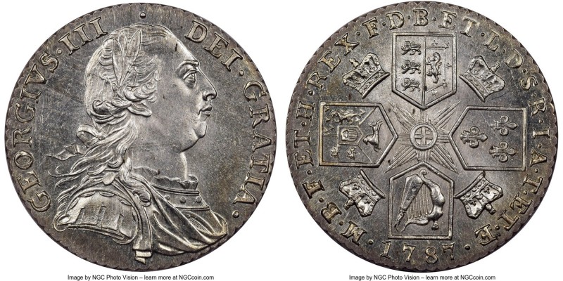 George III Shilling 1787 MS64+ NGC, KM607.2. Variety with hearts in Hanoverian s...