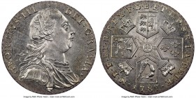 George III Shilling 1787 MS64+ NGC, KM607.2. Variety with hearts in Hanoverian shield. As near to gem as is technically conceivable, a bright icy whit...