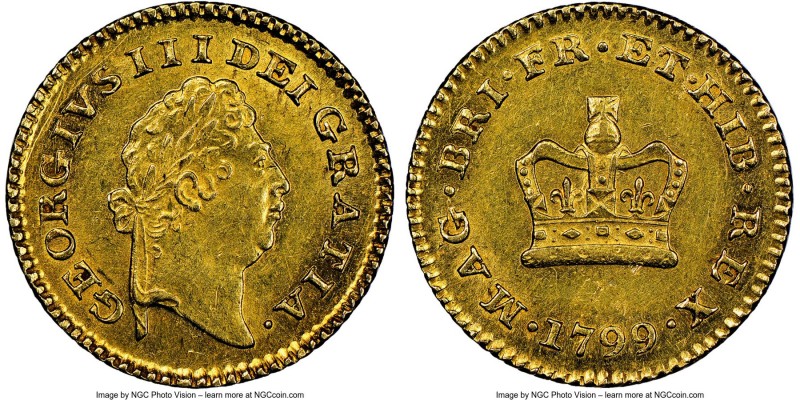 George III gold 1/3 Guinea 1799 MS63 NGC, KM620, S-3738. The scarcest date in th...