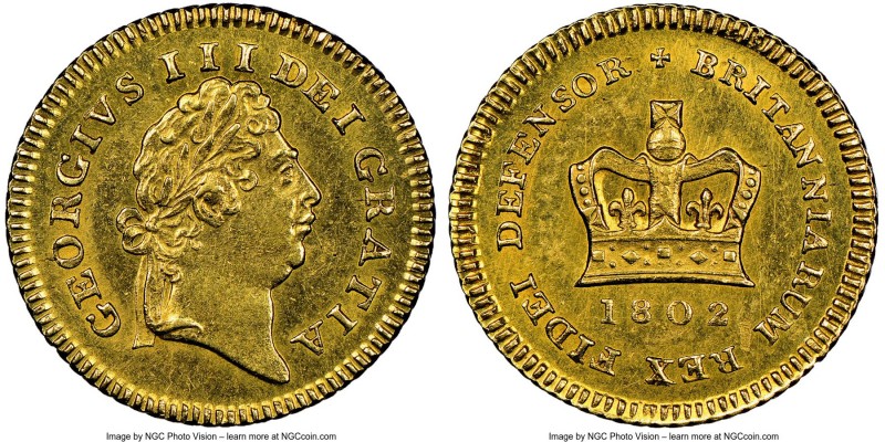 George III gold 1/3 Guinea 1802 MS63 NGC, KM648, S-3739. A very pleasing specime...