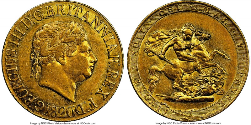 George III gold Sovereign 1820 AU53 NGC, KM674, S-3785C. The final date for Geor...