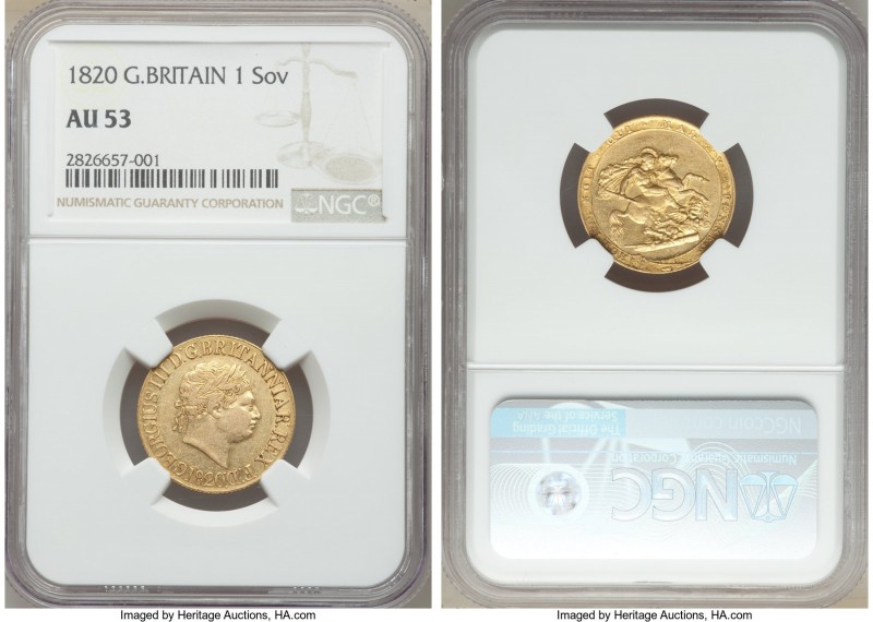 George III gold Sovereign 1820 AU53 NGC, KM674, S-3785C. A scarcer date from the...