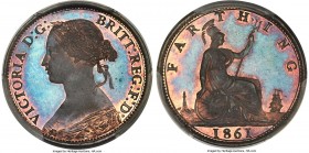 Victoria Proof Farthing 1861 PR66 Red and Brown PCGS, KM747.2, S-3958. Magnificent toning sets this piece apart, that and its exceptional premium gem ...