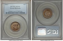 Victoria 6 Pence 1865 MS66 PCGS, KM733.2, S-3909. Die # 19. Visually outstanding with extremely smooth, mark-free surfaces and tone that adds to the e...