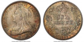 Victoria 6 Pence 1893 MS66 PCGS, KM779, S-3941. Showcasing a delightful interplay of color iridescent tones. 

HID09801242017