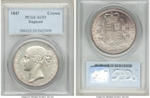 Victoria Crown 1847 AU53 PCGS, KM741, S-3882. Mildly handled, though benefitting from a sound execution that leaves sharp edges to the design elements...