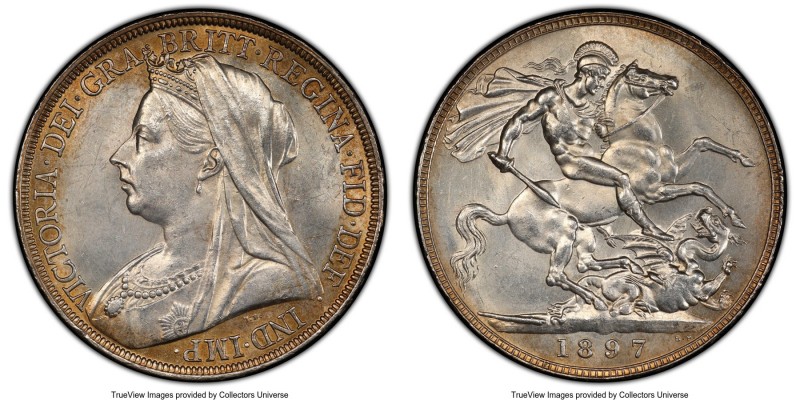 Victoria Crown 1897 MS63 PCGS, KM783, S-3937. LXI edge. A robust specimen haloed...