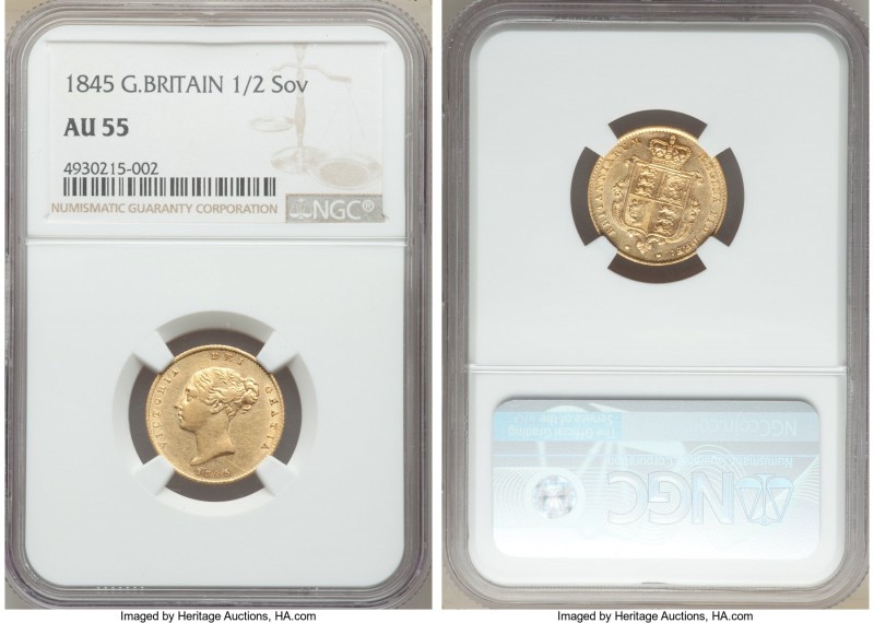 Victoria gold 1/2 Sovereign 1845 AU55 NGC, KM735.1, S-3859. A very rare date in ...