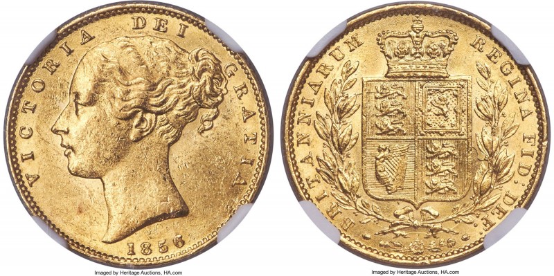 Victoria gold Sovereign 1856 MS62 NGC, KM736.1, S-3852D. Mildly contact marked i...