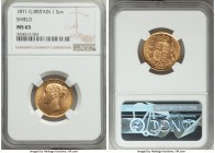 Victoria gold "Shield" Sovereign 1871 MS65 NGC, KM736.2, S-3856. Shield variety, die # 32. Rose colored toning, full strike and gem uncirculated. AGW ...