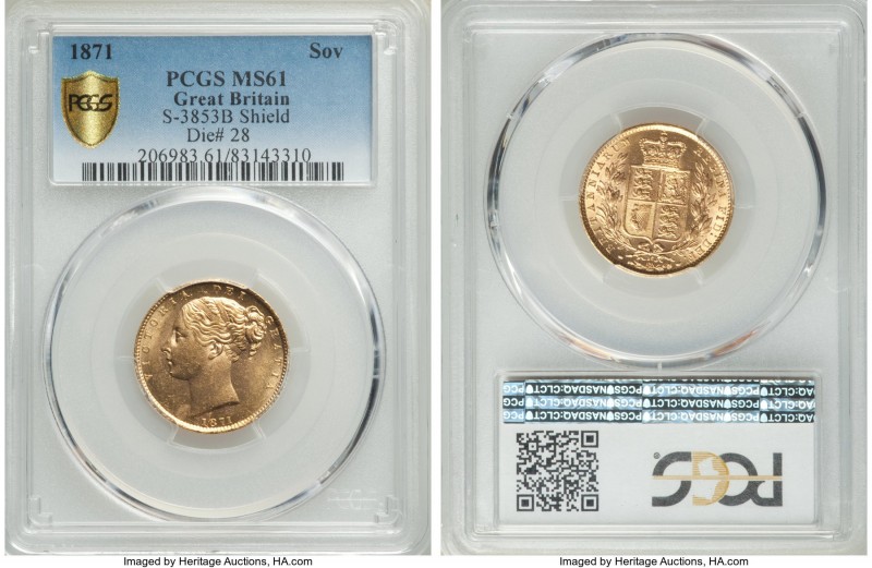 Victoria gold "Shield" Sovereign 1871 MS61 PCGS, KM736.2, S-3853B. Die #28.

HID...