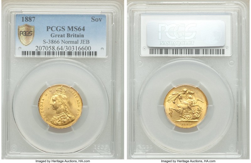 Victoria gold Sovereign 1887 MS64 PCGS, KM767, S-3866. Normal J.E.B. variety. Th...
