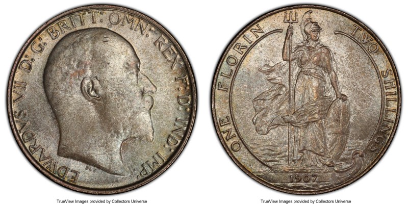 Edward VII Florin 1907 MS64+ PCGS, KM801. The single finest at PCGS, the surface...