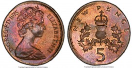 Elizabeth II Mint Error - Wrong Planchet 5 New Pence 1975 MS65 Red and Brown PCGS, KM911. Struck on a Penny (S-B1) planchet.

HID09801242017