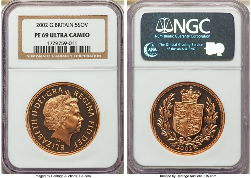 Elizabeth II gold Proof 5 Pounds 2002 PR69 Ultra Cameo NGC, KM1028. AGW 1.1771 o...