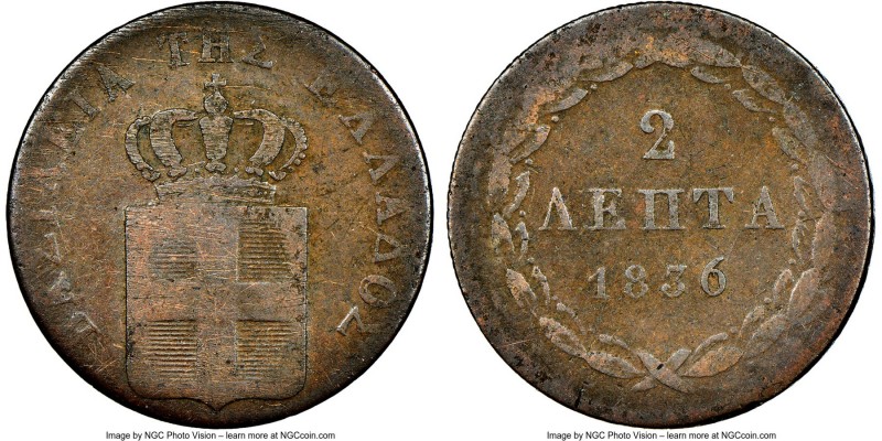 Othon 2 Lepta 1836 VG8 Brown NGC, Athens mint, KM14, Divo-25c, Karamitsos-42. Mi...