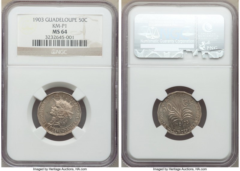 French Colony copper-nickel Piefort 50 Centimes 1903 MS64 NGC, KM-P1, Lec-46. Ev...