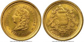 Republic gold 5 Pesos 1874-P MS64 NGC, Guatemala City mint, KM198, Fr-145. A well-kept survivor of the issue, bathed in warm golden luster. Tied for s...