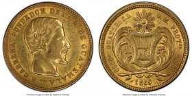 Republic gold 10 Pesos 1869-R AU55 PCGS, Guatemala mint, KM193. AGW 0.4667 oz. 

HID09801242017