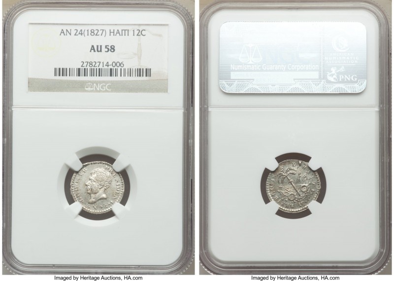 Republic 12 Centimes L'An 24 (1827) AU58 NGC, KM19. Showing only the lightest si...