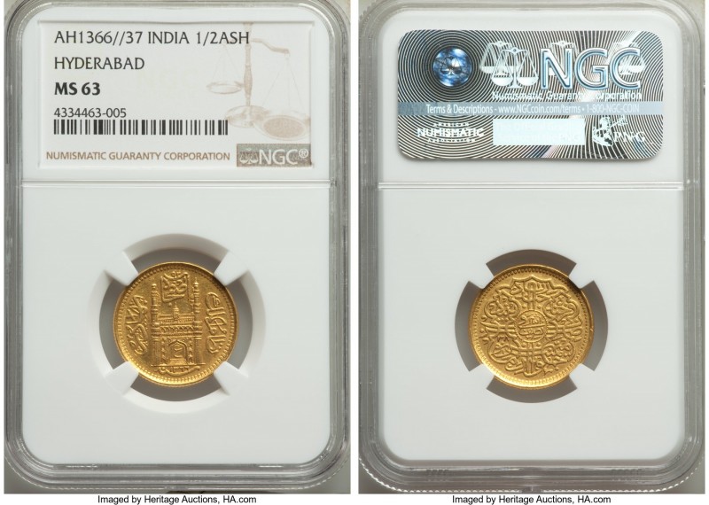 Hyderabad. Mir Usman Ali Khan gold 1/2 Ashrafi AH 1366 Year 38 (1946/7) MS63 NGC...