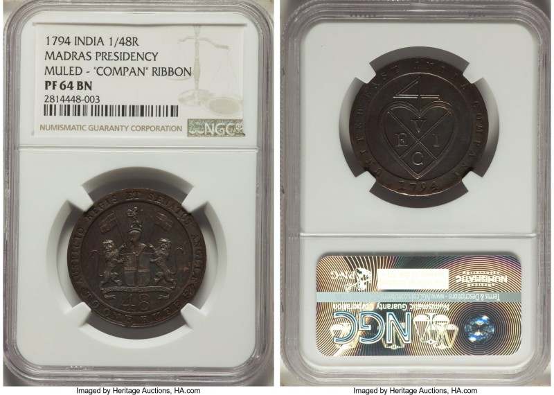 British India. Madras Presidency Proof 1/48 Rupee 1794 PR64 Brown NGC, KM394. Mu...