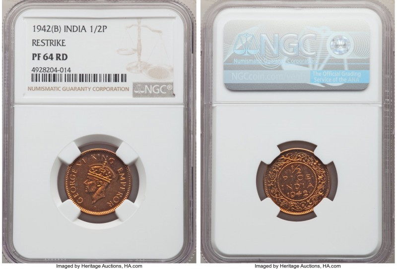 British India. George VI Proof Restrike 1/2 Pice 1942-(B) PR64 Red NGC, Bombay m...