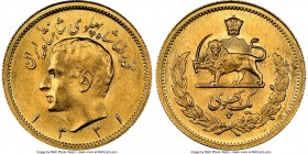 Muhammad Reza Pahlavi gold Pahlavi SH 1331 (1952) MS67 NGC, KM1162. A very rare date within the series of which none grade finer at either NGC or PCGS...