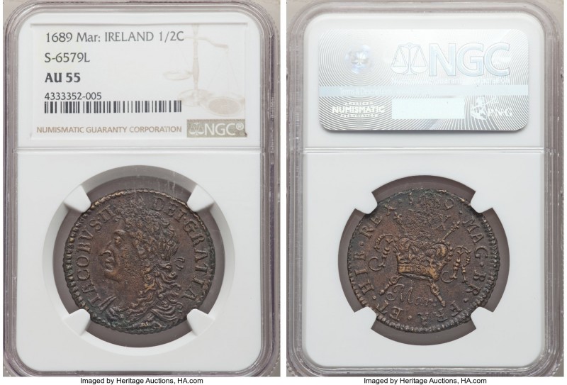 James II Gunmoney 1/2 Crown 1689 AU55 NGC, KM95, S-6579L. Dated Mar. 1689. Compa...