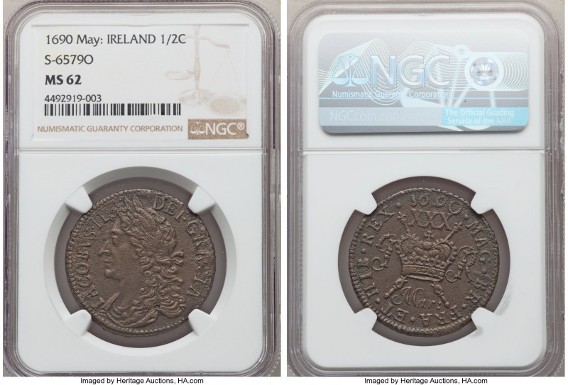James II Gunmoney 1/2 Crown 1690 MS62 NGC, KM95, S-6579O. May 1690 issue. 

HID0...