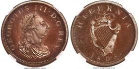 George III Proof Penny 1805 PR66+ Brown NGC, KM148.1. Engrailed edge. This pristine example displays a warm chocolate brown color throughout with refl...