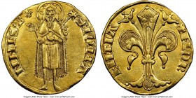 Florence. Republic gold Florin ND (1267-1303) AU55 NGC, CNI-XIIa.17, MIR-4/37 (R). 3.52gm. Fourth series. +FLOR | ENTIA, stylized lily / • S • IOHA | ...
