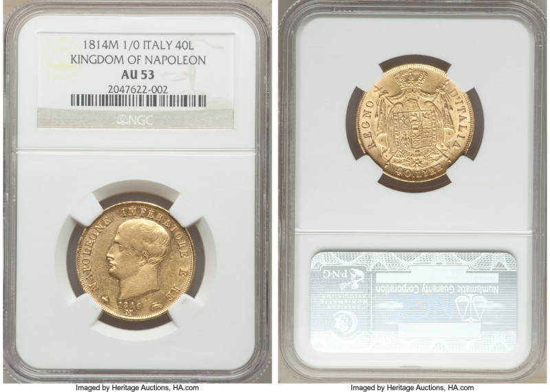 Kingdom of Napoleon. Napoleon gold 40 Lire 1814/04-M AU53 NGC, Milan mint, KM12 ...