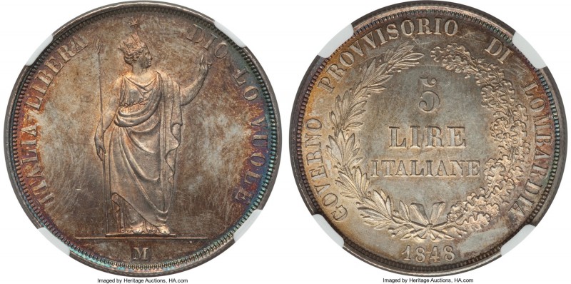 Lombardy - Venetia. Republic 5 Lire 1848-M MS64 NGC, Milan mint, KM-C22.1. "Shor...