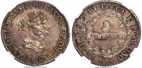 Lucca. Felix Bacciocchi & Elisa Bonaparte 5 Franchi 1805 MS61 NGC, Florence mint, KM24.3.

HID09801242017